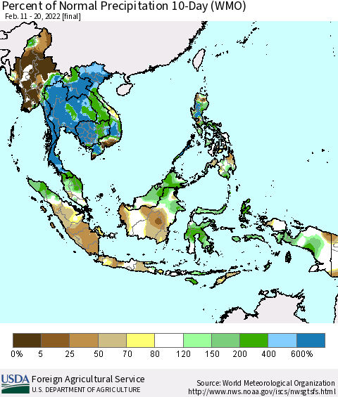 South East Asia Percent of Normal Precipitation 10-Day (WMO) Thematic Map For 2/11/2022 - 2/20/2022