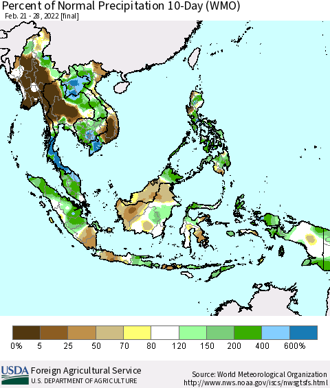 South East Asia Percent of Normal Precipitation 10-Day (WMO) Thematic Map For 2/21/2022 - 2/28/2022