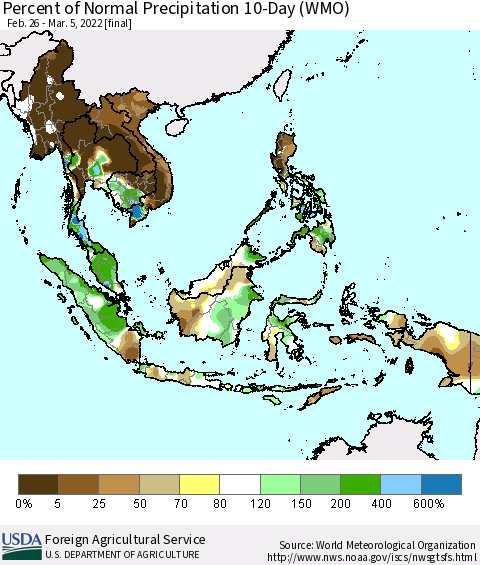 South East Asia Percent of Normal Precipitation 10-Day (WMO) Thematic Map For 2/26/2022 - 3/5/2022