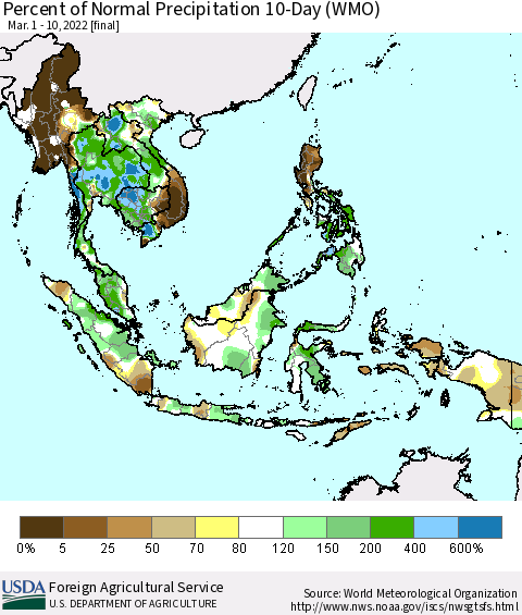 South East Asia Percent of Normal Precipitation 10-Day (WMO) Thematic Map For 3/1/2022 - 3/10/2022