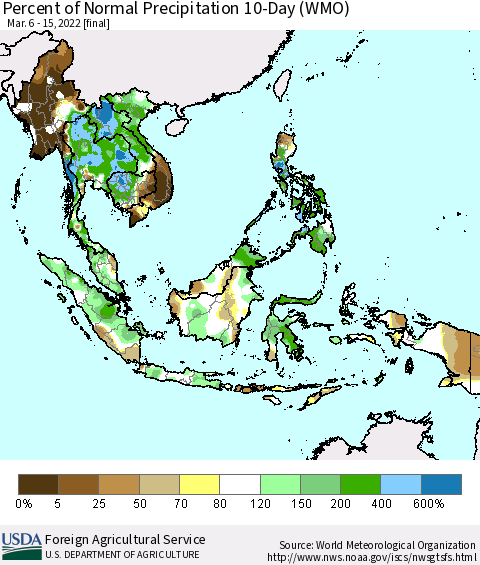South East Asia Percent of Normal Precipitation 10-Day (WMO) Thematic Map For 3/6/2022 - 3/15/2022