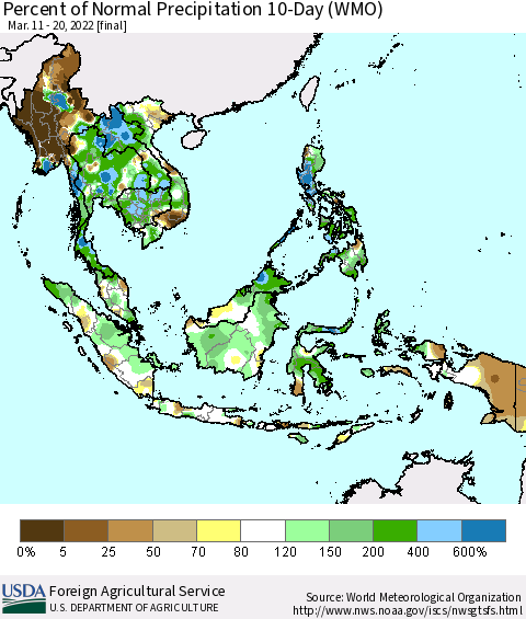 South East Asia Percent of Normal Precipitation 10-Day (WMO) Thematic Map For 3/11/2022 - 3/20/2022