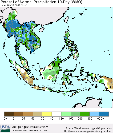 South East Asia Percent of Normal Precipitation 10-Day (WMO) Thematic Map For 3/16/2022 - 3/25/2022