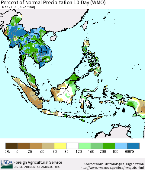 South East Asia Percent of Normal Precipitation 10-Day (WMO) Thematic Map For 3/21/2022 - 3/31/2022