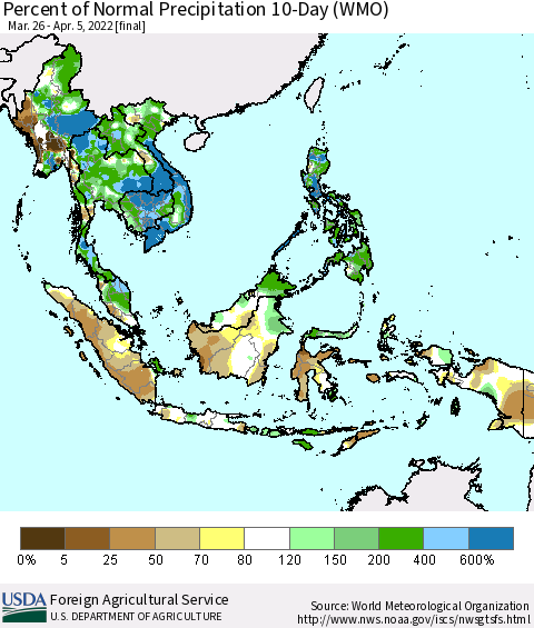 South East Asia Percent of Normal Precipitation 10-Day (WMO) Thematic Map For 3/26/2022 - 4/5/2022