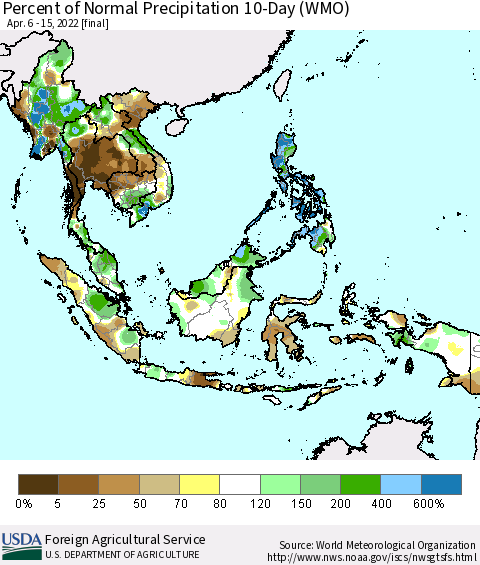 South East Asia Percent of Normal Precipitation 10-Day (WMO) Thematic Map For 4/6/2022 - 4/15/2022