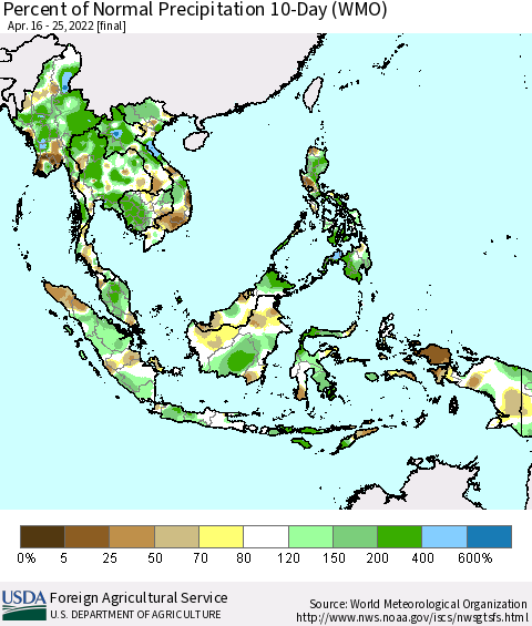 South East Asia Percent of Normal Precipitation 10-Day (WMO) Thematic Map For 4/16/2022 - 4/25/2022