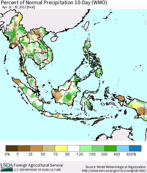 South East Asia Percent of Normal Precipitation 10-Day (WMO) Thematic Map For 4/21/2022 - 4/30/2022