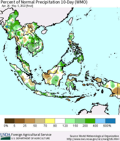 South East Asia Percent of Normal Precipitation 10-Day (WMO) Thematic Map For 4/26/2022 - 5/5/2022