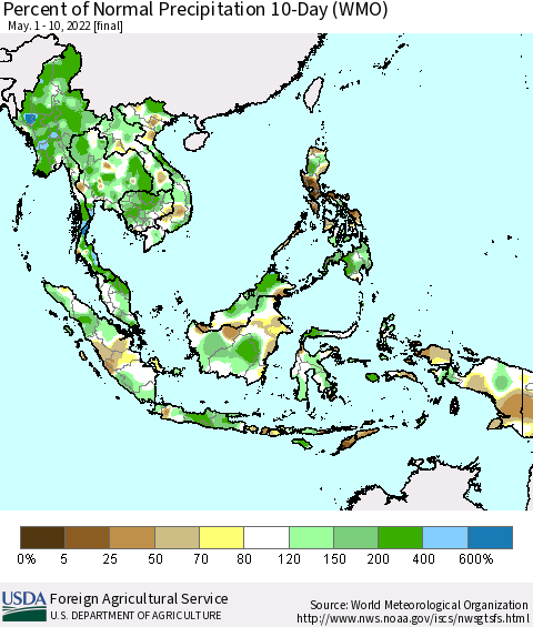 South East Asia Percent of Normal Precipitation 10-Day (WMO) Thematic Map For 5/1/2022 - 5/10/2022