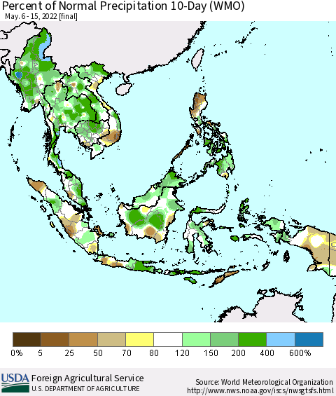 South East Asia Percent of Normal Precipitation 10-Day (WMO) Thematic Map For 5/6/2022 - 5/15/2022