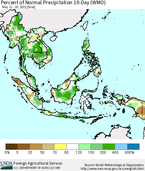 South East Asia Percent of Normal Precipitation 10-Day (WMO) Thematic Map For 5/11/2022 - 5/20/2022