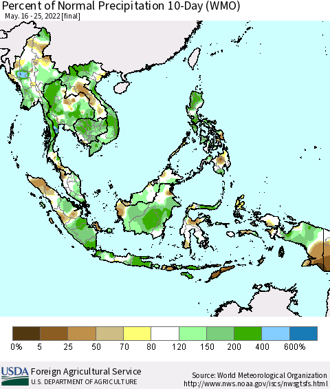 South East Asia Percent of Normal Precipitation 10-Day (WMO) Thematic Map For 5/16/2022 - 5/25/2022