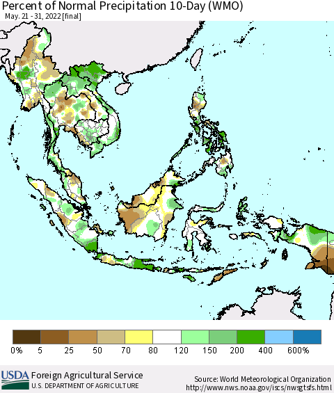 South East Asia Percent of Normal Precipitation 10-Day (WMO) Thematic Map For 5/21/2022 - 5/31/2022
