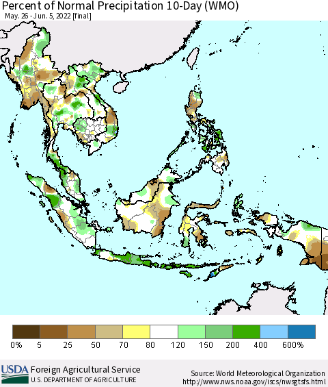 South East Asia Percent of Normal Precipitation 10-Day (WMO) Thematic Map For 5/26/2022 - 6/5/2022