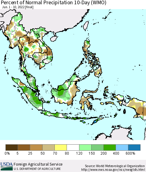South East Asia Percent of Normal Precipitation 10-Day (WMO) Thematic Map For 6/1/2022 - 6/10/2022