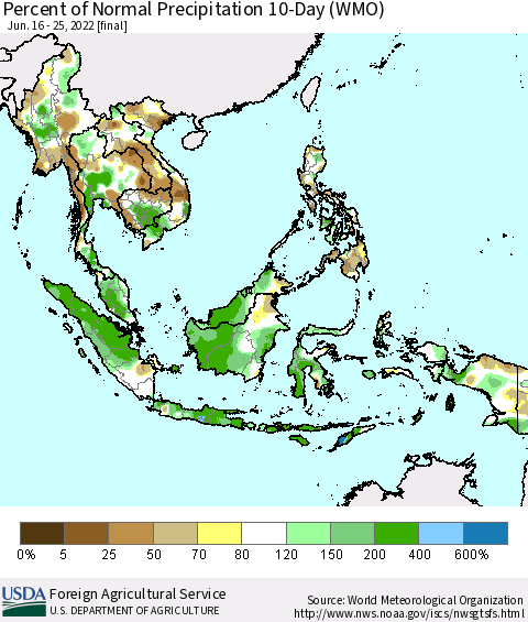 South East Asia Percent of Normal Precipitation 10-Day (WMO) Thematic Map For 6/16/2022 - 6/25/2022