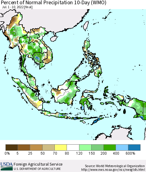South East Asia Percent of Normal Precipitation 10-Day (WMO) Thematic Map For 7/1/2022 - 7/10/2022