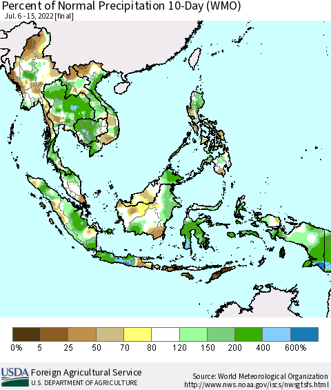 South East Asia Percent of Normal Precipitation 10-Day (WMO) Thematic Map For 7/6/2022 - 7/15/2022