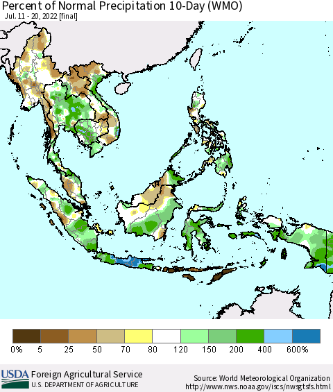 South East Asia Percent of Normal Precipitation 10-Day (WMO) Thematic Map For 7/11/2022 - 7/20/2022