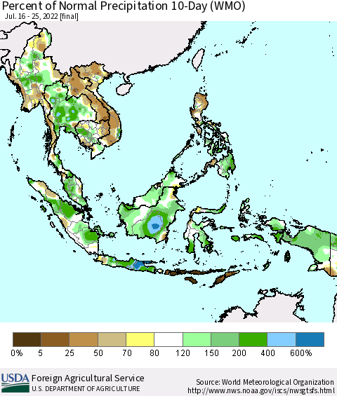 South East Asia Percent of Normal Precipitation 10-Day (WMO) Thematic Map For 7/16/2022 - 7/25/2022
