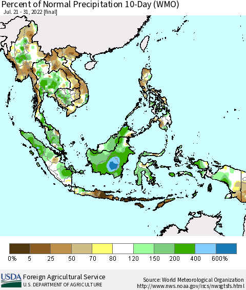South East Asia Percent of Normal Precipitation 10-Day (WMO) Thematic Map For 7/21/2022 - 7/31/2022