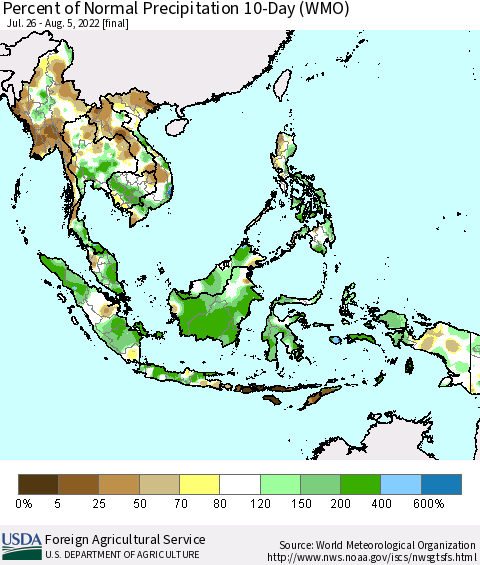 South East Asia Percent of Normal Precipitation 10-Day (WMO) Thematic Map For 7/26/2022 - 8/5/2022