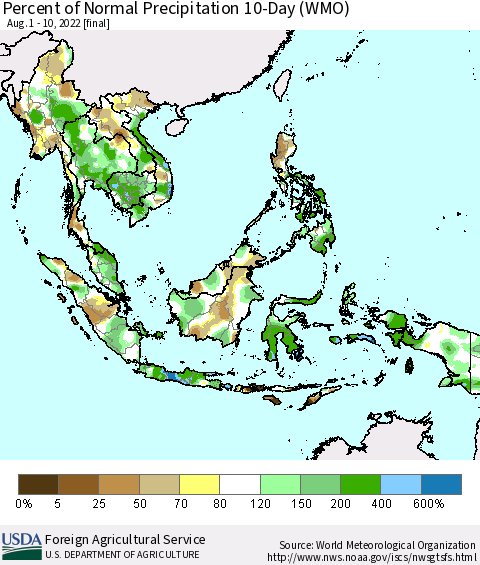 South East Asia Percent of Normal Precipitation 10-Day (WMO) Thematic Map For 8/1/2022 - 8/10/2022