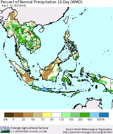 South East Asia Percent of Normal Precipitation 10-Day (WMO) Thematic Map For 8/6/2022 - 8/15/2022