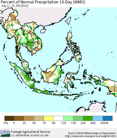 South East Asia Percent of Normal Precipitation 10-Day (WMO) Thematic Map For 8/11/2022 - 8/20/2022