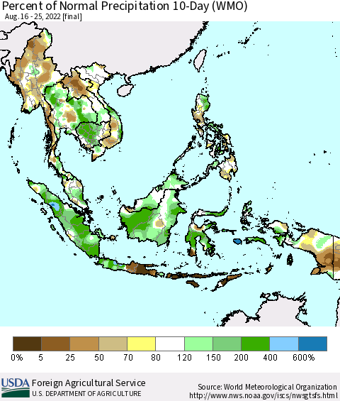 South East Asia Percent of Normal Precipitation 10-Day (WMO) Thematic Map For 8/16/2022 - 8/25/2022