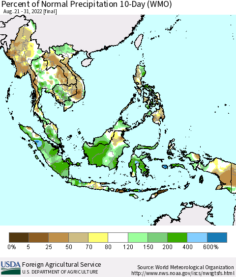 South East Asia Percent of Normal Precipitation 10-Day (WMO) Thematic Map For 8/21/2022 - 8/31/2022
