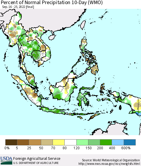 South East Asia Percent of Normal Precipitation 10-Day (WMO) Thematic Map For 9/16/2022 - 9/25/2022