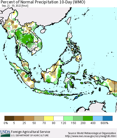 South East Asia Percent of Normal Precipitation 10-Day (WMO) Thematic Map For 9/21/2022 - 9/30/2022