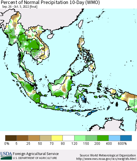 South East Asia Percent of Normal Precipitation 10-Day (WMO) Thematic Map For 9/26/2022 - 10/5/2022