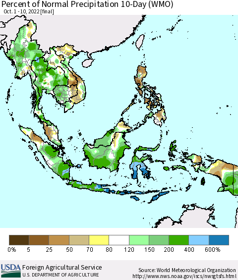 South East Asia Percent of Normal Precipitation 10-Day (WMO) Thematic Map For 10/1/2022 - 10/10/2022