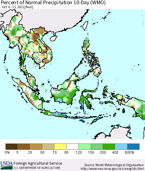 South East Asia Percent of Normal Precipitation 10-Day (WMO) Thematic Map For 10/6/2022 - 10/15/2022