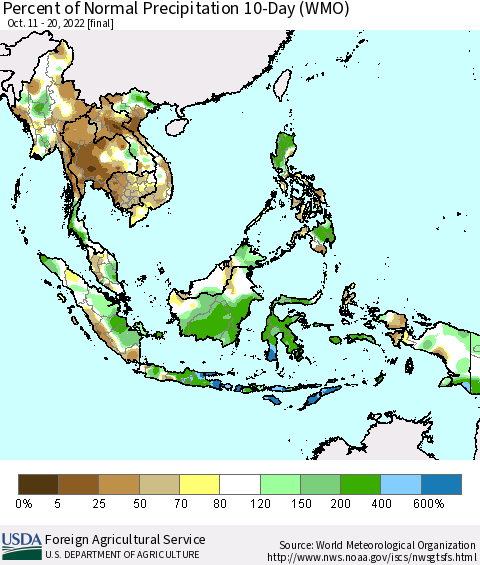 South East Asia Percent of Normal Precipitation 10-Day (WMO) Thematic Map For 10/11/2022 - 10/20/2022