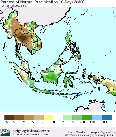 South East Asia Percent of Normal Precipitation 10-Day (WMO) Thematic Map For 10/16/2022 - 10/25/2022