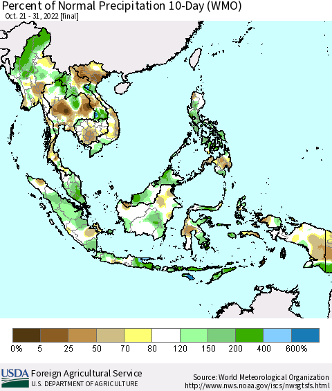 South East Asia Percent of Normal Precipitation 10-Day (WMO) Thematic Map For 10/21/2022 - 10/31/2022