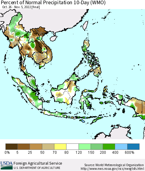 South East Asia Percent of Normal Precipitation 10-Day (WMO) Thematic Map For 10/26/2022 - 11/5/2022
