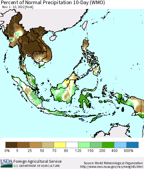 South East Asia Percent of Normal Precipitation 10-Day (WMO) Thematic Map For 11/1/2022 - 11/10/2022