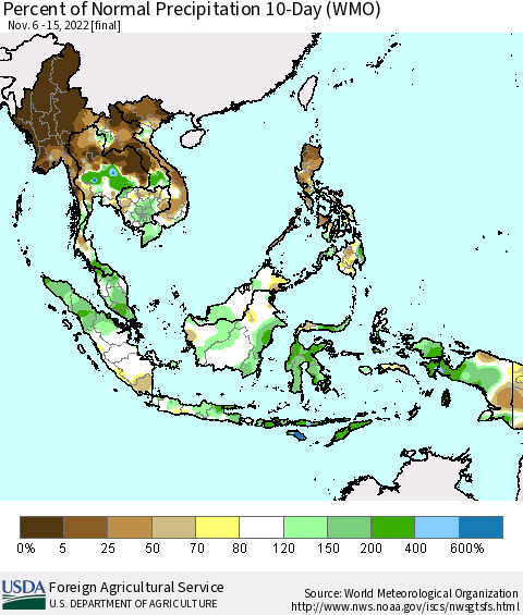 South East Asia Percent of Normal Precipitation 10-Day (WMO) Thematic Map For 11/6/2022 - 11/15/2022