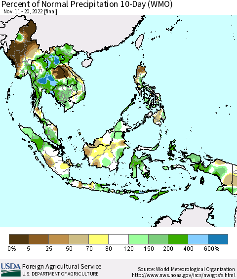 South East Asia Percent of Normal Precipitation 10-Day (WMO) Thematic Map For 11/11/2022 - 11/20/2022