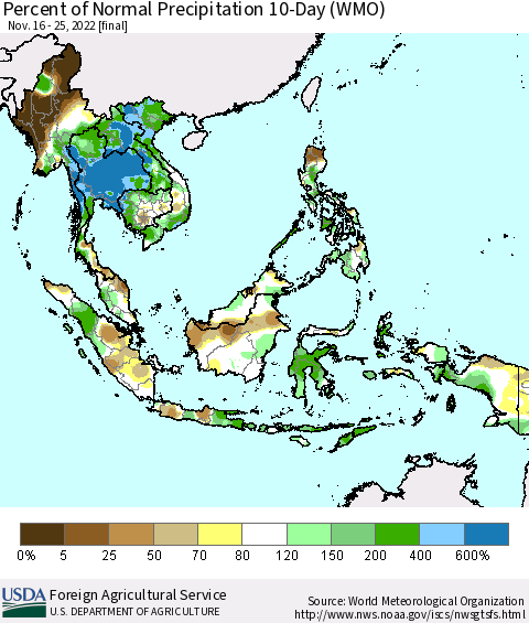 South East Asia Percent of Normal Precipitation 10-Day (WMO) Thematic Map For 11/16/2022 - 11/25/2022