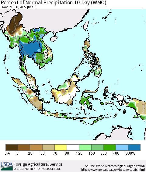 South East Asia Percent of Normal Precipitation 10-Day (WMO) Thematic Map For 11/21/2022 - 11/30/2022