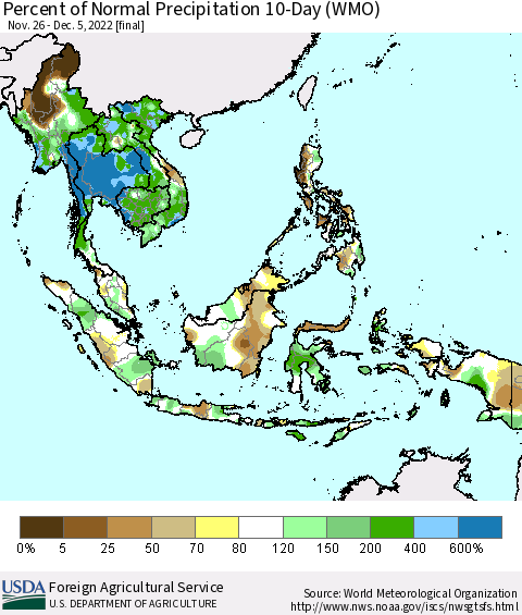 South East Asia Percent of Normal Precipitation 10-Day (WMO) Thematic Map For 11/26/2022 - 12/5/2022