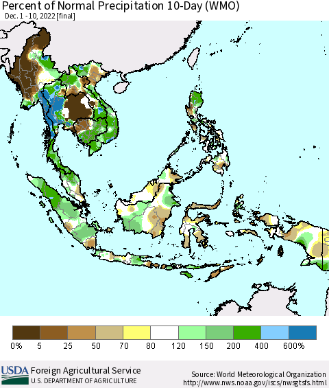 South East Asia Percent of Normal Precipitation 10-Day (WMO) Thematic Map For 12/1/2022 - 12/10/2022