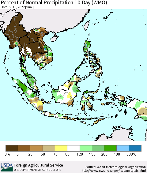 South East Asia Percent of Normal Precipitation 10-Day (WMO) Thematic Map For 12/6/2022 - 12/15/2022