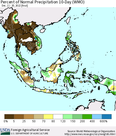 South East Asia Percent of Normal Precipitation 10-Day (WMO) Thematic Map For 12/11/2022 - 12/20/2022